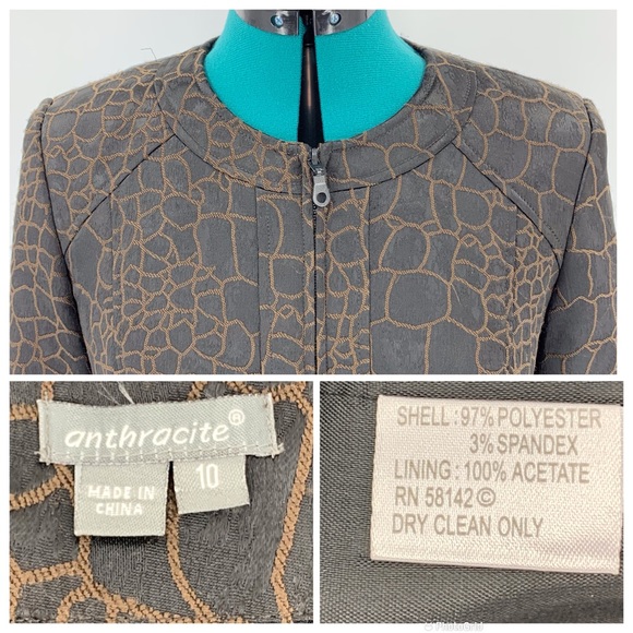 anthracite Brown Scale Print Zipper Closure 3/4 Ruched Sleeve Blazer, 10 - Picture 16 of 16